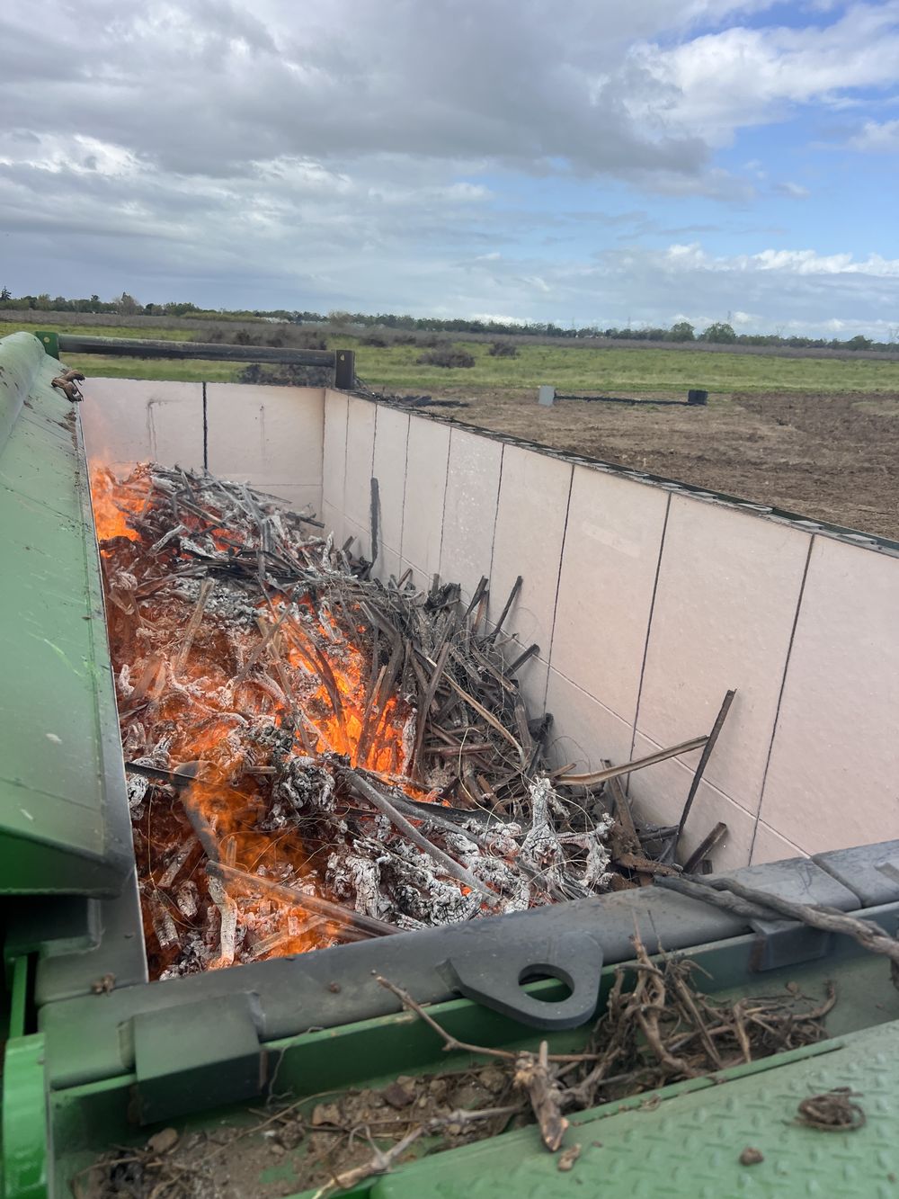 Pulled grapevines burning down inside the firebox of an air curtain burner