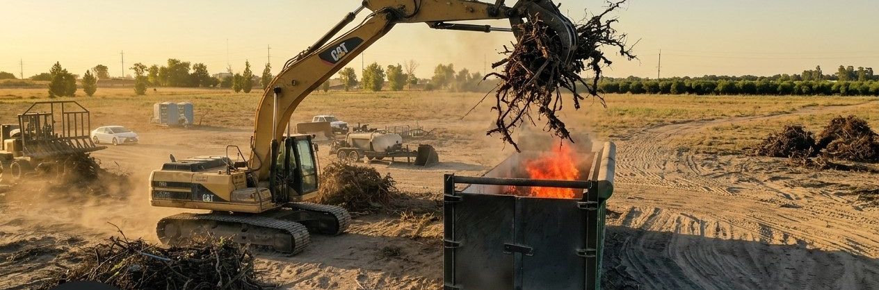 Excavator lifting a tangle of roots and branches into a burning air curtain burner